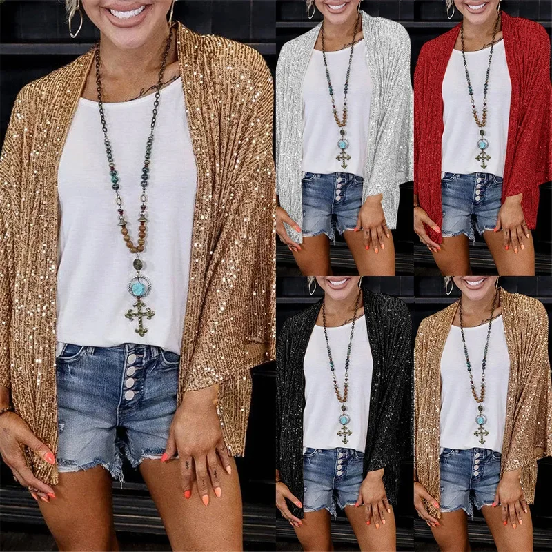 

European and American autumn new women's sequined plus size loose top color coat