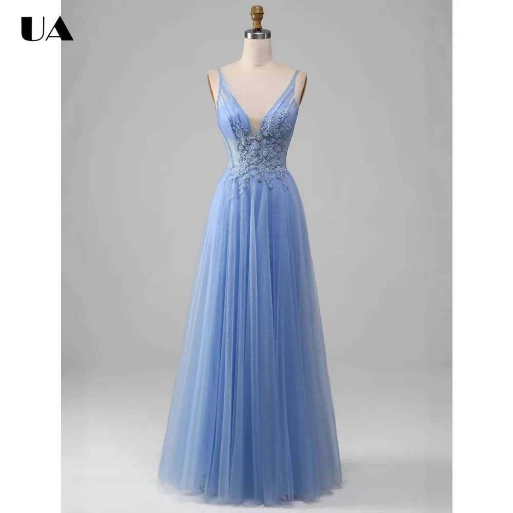 

ULBYANRY Customized Mesh Spaghetti Strap Evening Dresses for Women, Exquisite Appliques Party Dress, Elegant Backless Ball Gown
