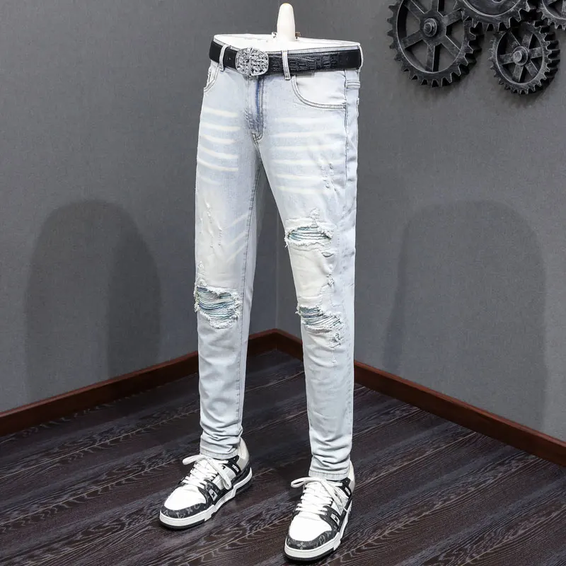 

Designer High Street Fashion New Men's Jeans Wrinkle Washed Nostalgic Stretch Slimming Light Blue Jeans Hip Hop Brand Pants Homb