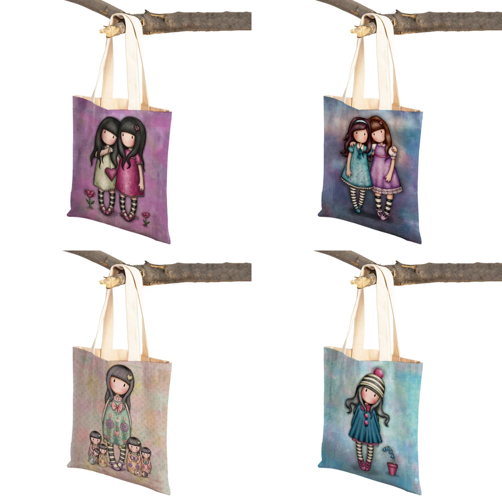 Both Sided Fashion Cartoon Little Girl Women Shopping Shoulder Bag Reusable Canvas Children Cute Tote Travel Handbag for Lady