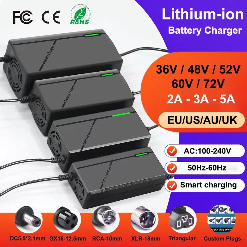 36V 48V 52V 60V 72V Charger 2A 3A 5A Intelligent Fast Charging 10S 13S 14S 16S 20S For 42V 54.6V 58.8V 67.2V 84V Battery Pack