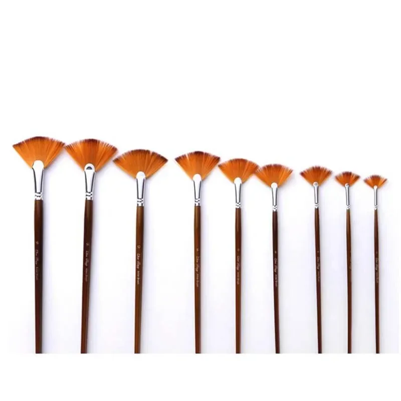 9pcs two-color nylon hair fan-shaped painting brushes linen rod color oil brush set art supplies