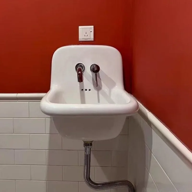 Home Ceramic Thickened Washbasin Household Wall-mounted Retro Smooth Double Hole Bathroom Sinks Modern Bathroom Fixture