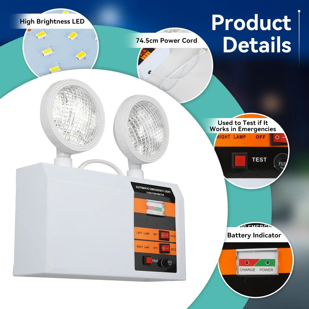 Twin head Fire Emergency Light Rechargeable LED Automatic Lighting Fire Emergency Lamp Wall light for Corridors Stairs And Lofts