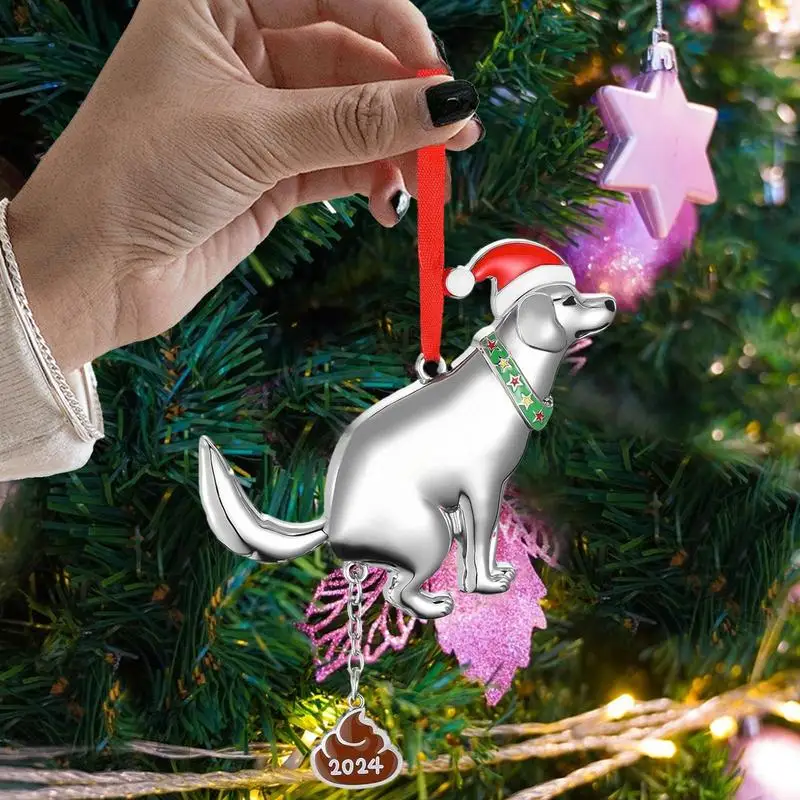 Metal Dog Humorous Ornament Pooping Dog Humorous Metal Tree Pendant Winter Holiday Scene Props Car Rearview Ornament Gag Fun For