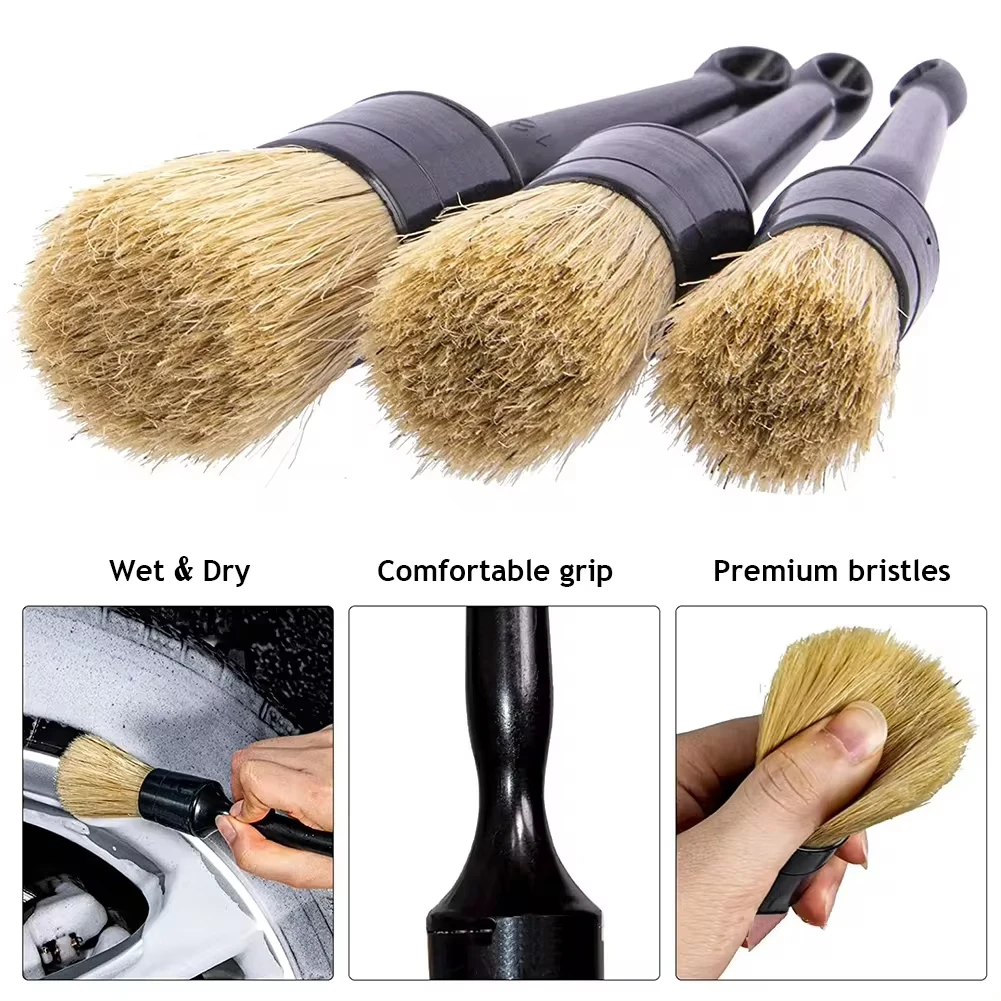 3 PCS Interior Detail Brush Boar Hair Bristle Brushes for Car Cleaning Auto Detail Tools Dashboard Cleaning Brush