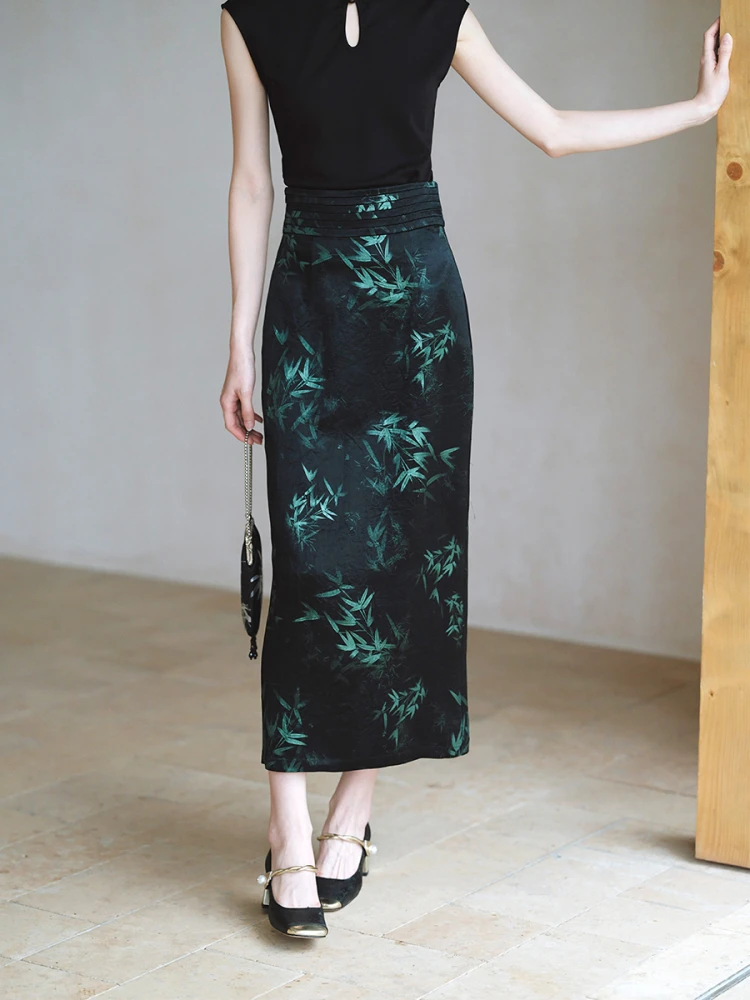 

Новая женская длинная юбка из шелкового атласа с высокой талией, в китайском национальном стиле, с ретро-принтом, стройнящая, летняя, макси-длина