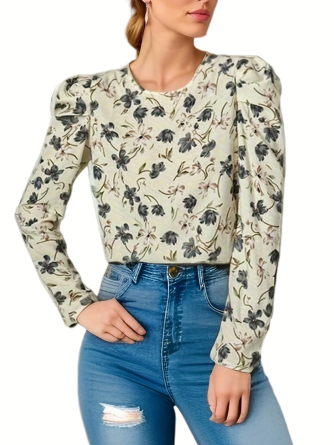 Fashion Europe And The United States Celebrities With Flowers Printed Round Tie Long-Sleeved Shirt Blouse