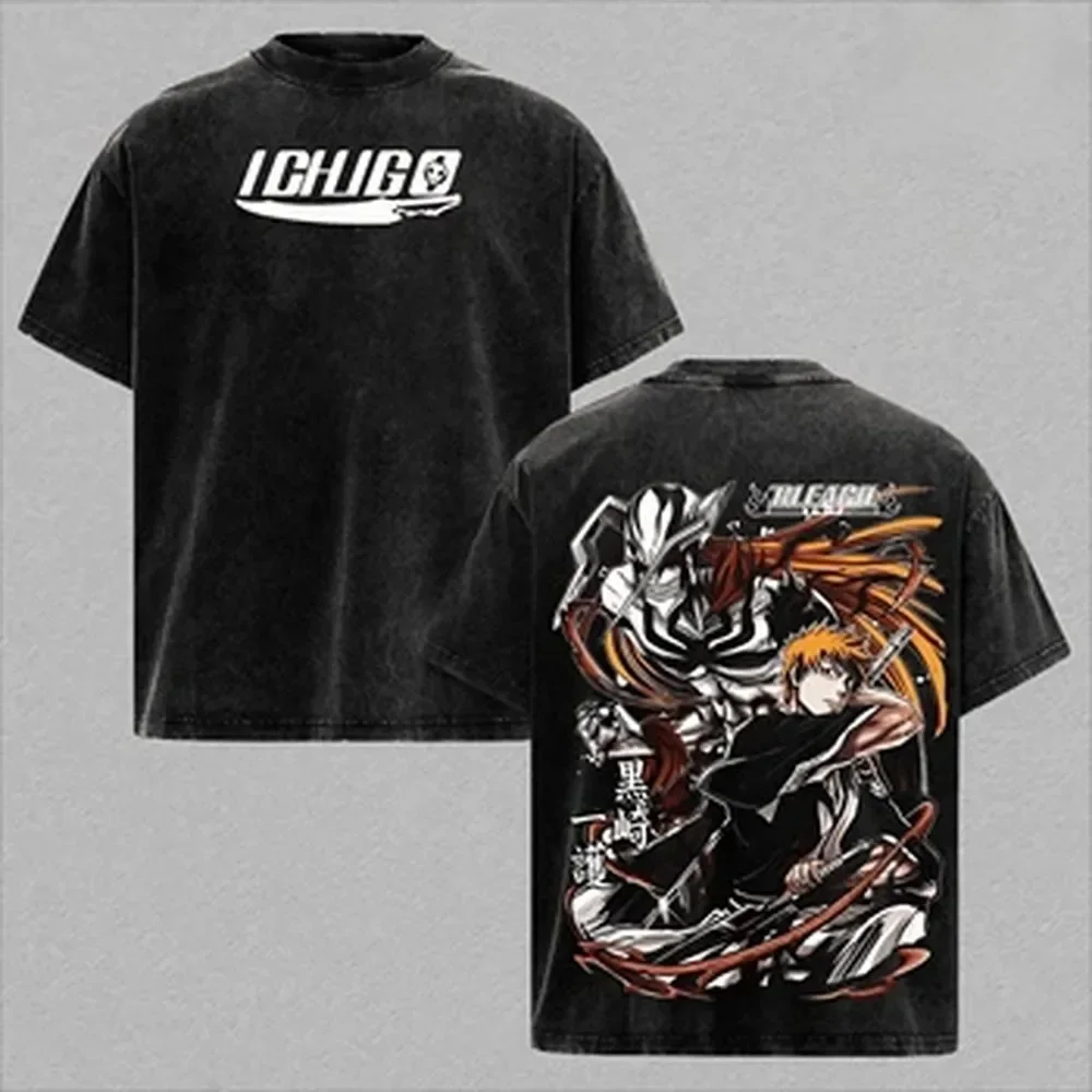 Kurosaki Ichigo BLEACH Anime T-shirt For Men's Clothing Y2k Vintage Washed T Shirt Summer Oversized Short Sleeve Cotton Tee Tops