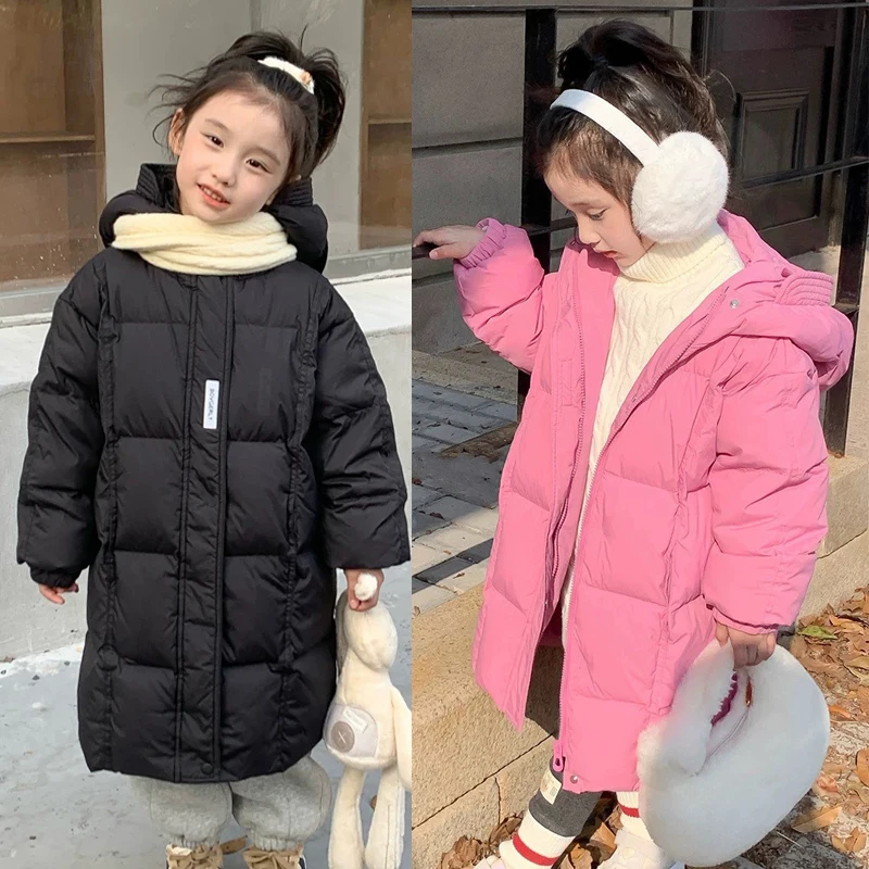 

Длинная куртка для девочек-подростков, зимнее однотонное пальто с буквенным принтом, толстое теплое пальто на молнии с капюшоном для девочек от 3 до 10 лет, зимний комбинезон на хлопковом пуху