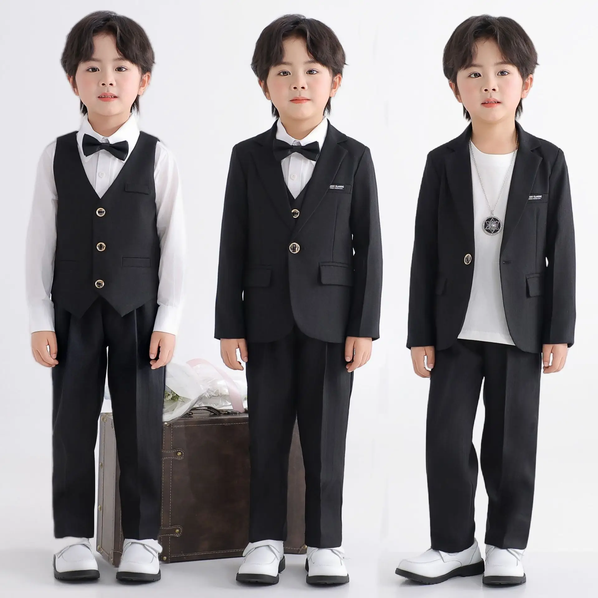 Boys British Blazer Jacket And Waistcoat Set Kids Formal Morning Coat Wedding Suits Children Tuxedo Clothes for Toddler Uniform
