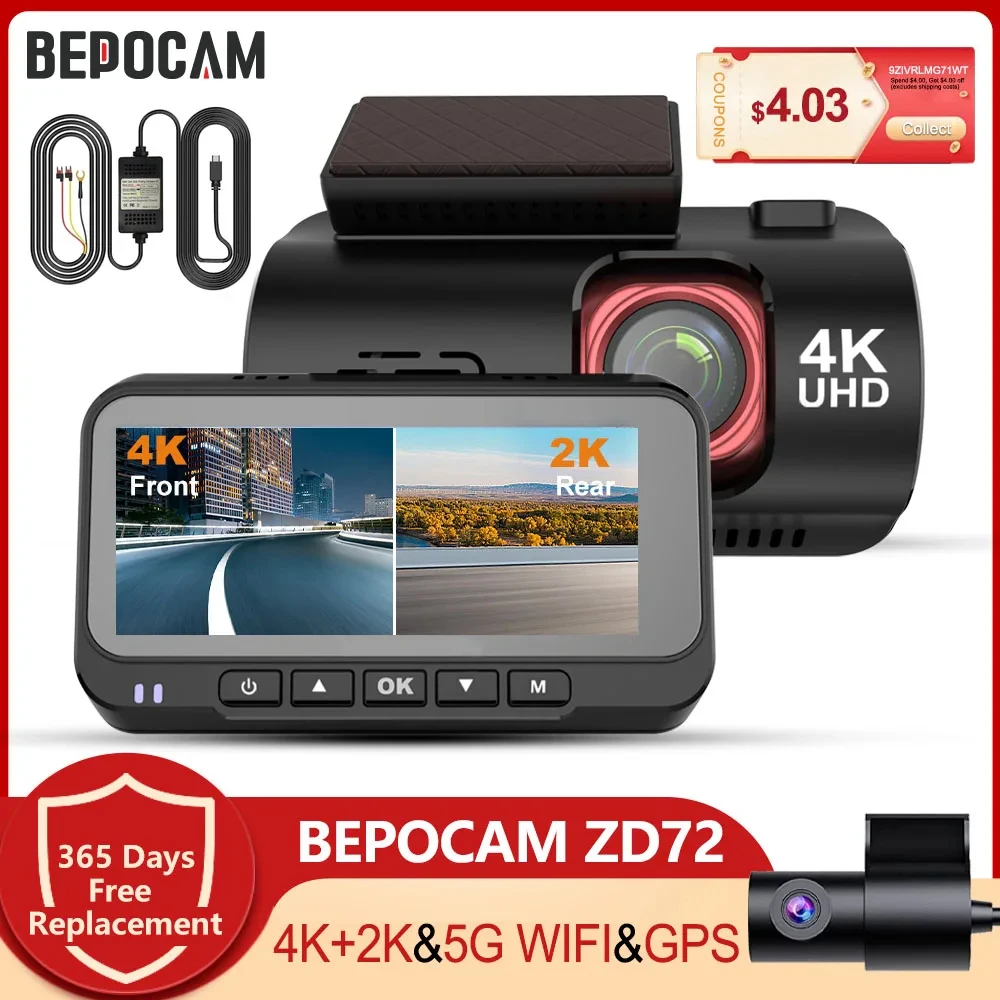 

BEPOCAM ZD72 Dash Cam Front and Rear 4K Car Camera Built-in 5G WiFi GPS Night Vision 24H Parking Mode Car DVR Support Rear Cam