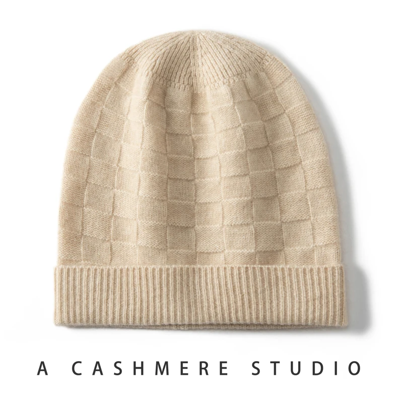 Unisex Plaid Flanging Hat 100 Cashmere Knitted Beanie Outdoor Warm Winter Casual Hat For Men and Women Solid Color Cap