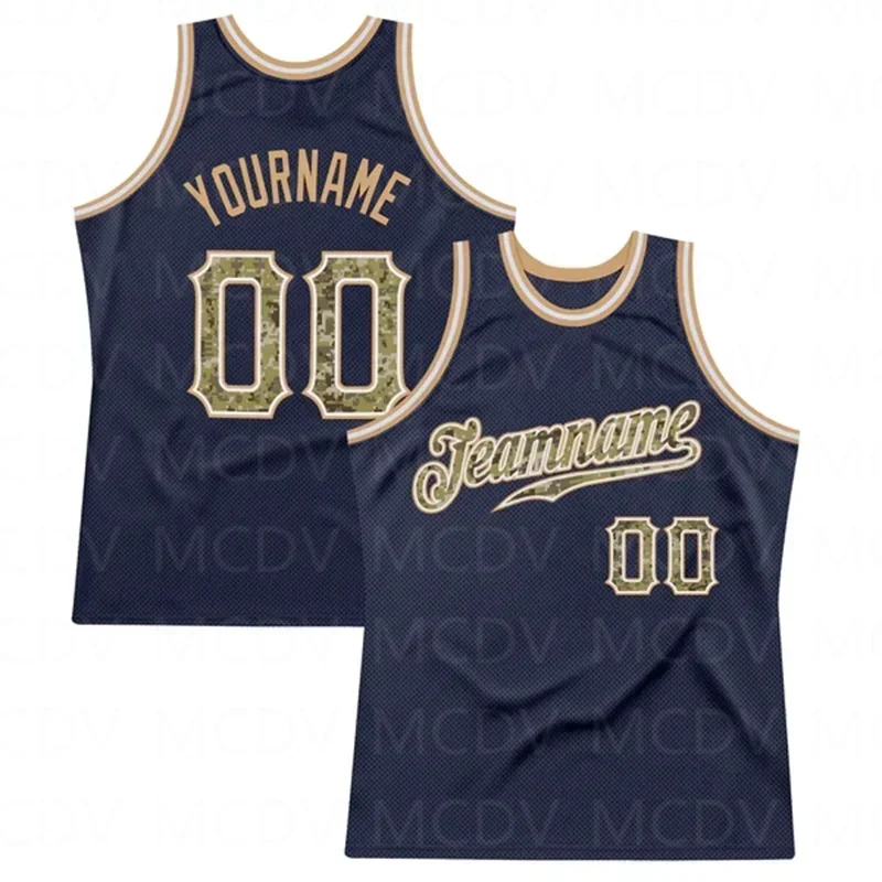 

Custom Navy Camo-Old Gold Authentic Throwback Basketball Jersey 3D Print Team Name Number Vest Game Practice Clothes Adult/Youth