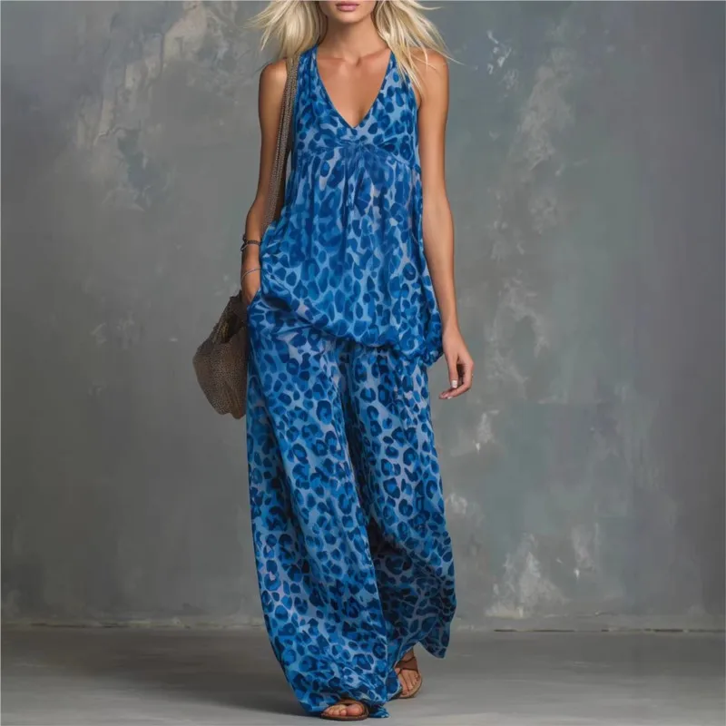 

Women's leopard print two-piece sleeveless top chiffon trousers 2026 summer new style fashion loose V-neck vest suit for women