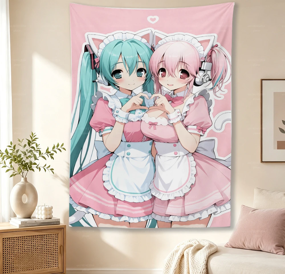 Cute Anime Girl Wall Tapestry Pink Maid Outfit Cat Ear HD Print Wall Hanging Kawaii Aesthetic Bedroom Dorm Background Decor Tape