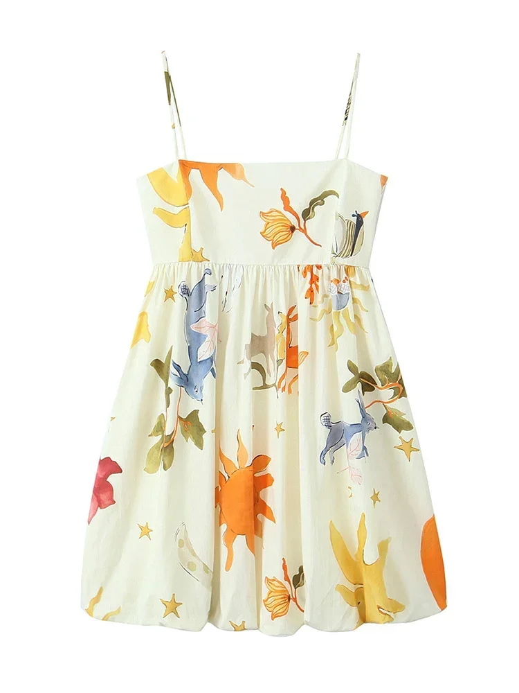 

Chic Female French Elegance Dresses Evening Women Fashion Summer Printing Loose Side Zip Sleeveless Backless Sling Mini Dress