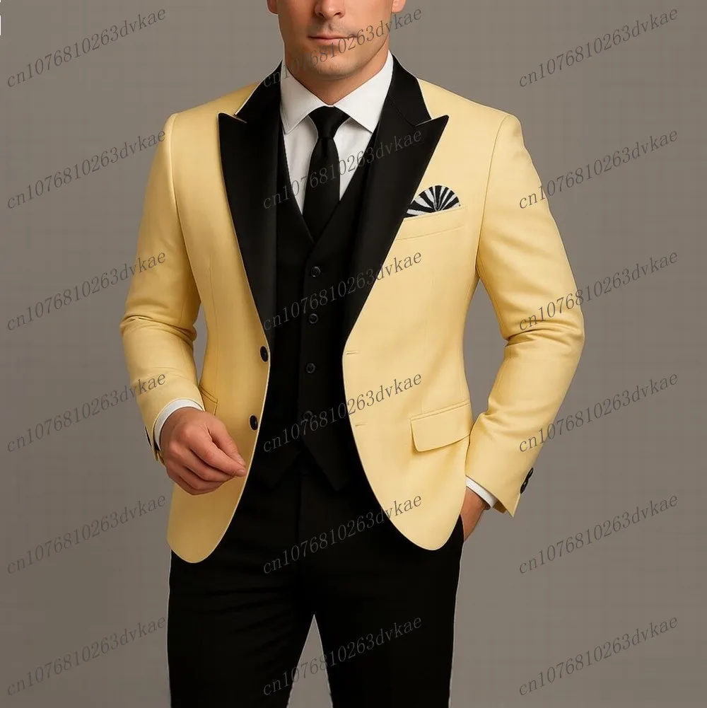 Light Yellow And Black Men Suit Wedding Party Formal Groom Groomsman Prom Business Male Tuxedos 3 Piece Set Jacket Vest Pants