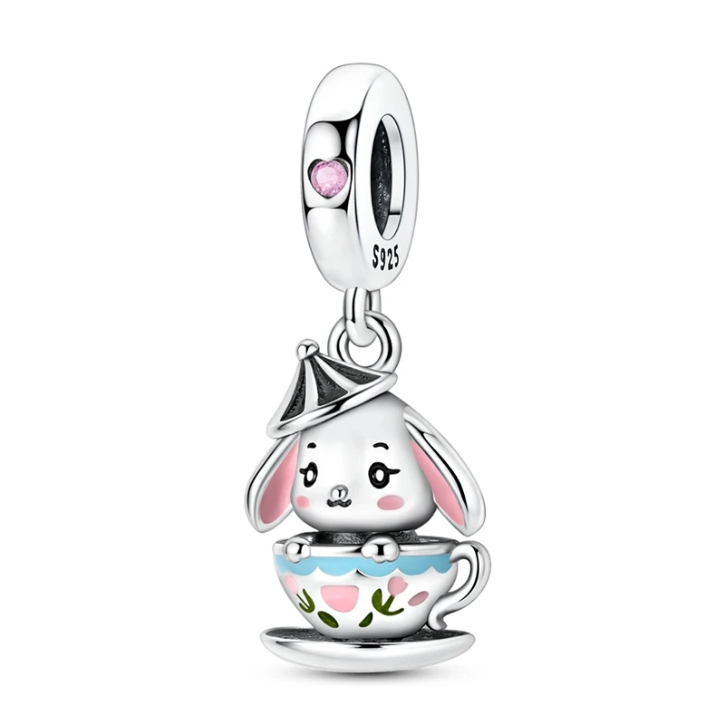 

925 Sterling Silver Teacup Rabbit Charms Pendant For Women Fit Original Bracelet DIY Birthday Party Jewelry Gifts