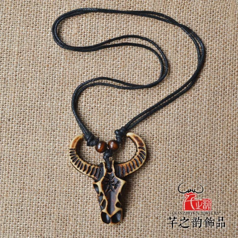 Imitation Yak Tribe Necklace Cow Head Horn Pendant Wa Ethnic Tourism Memorial Ornament Factory Wholesale