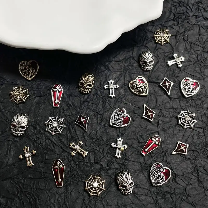 10pcs Vintage Silver Gold Skull Spider Cross Heart Nail Charms Art Decorations DIY Accessories