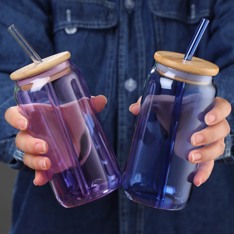 550ml Colored Drinking Glasses With Bamboo Lids And Glass Straw Can Shaped Cups Beer Glasses Iced Coffee Cute Tumbler Cup