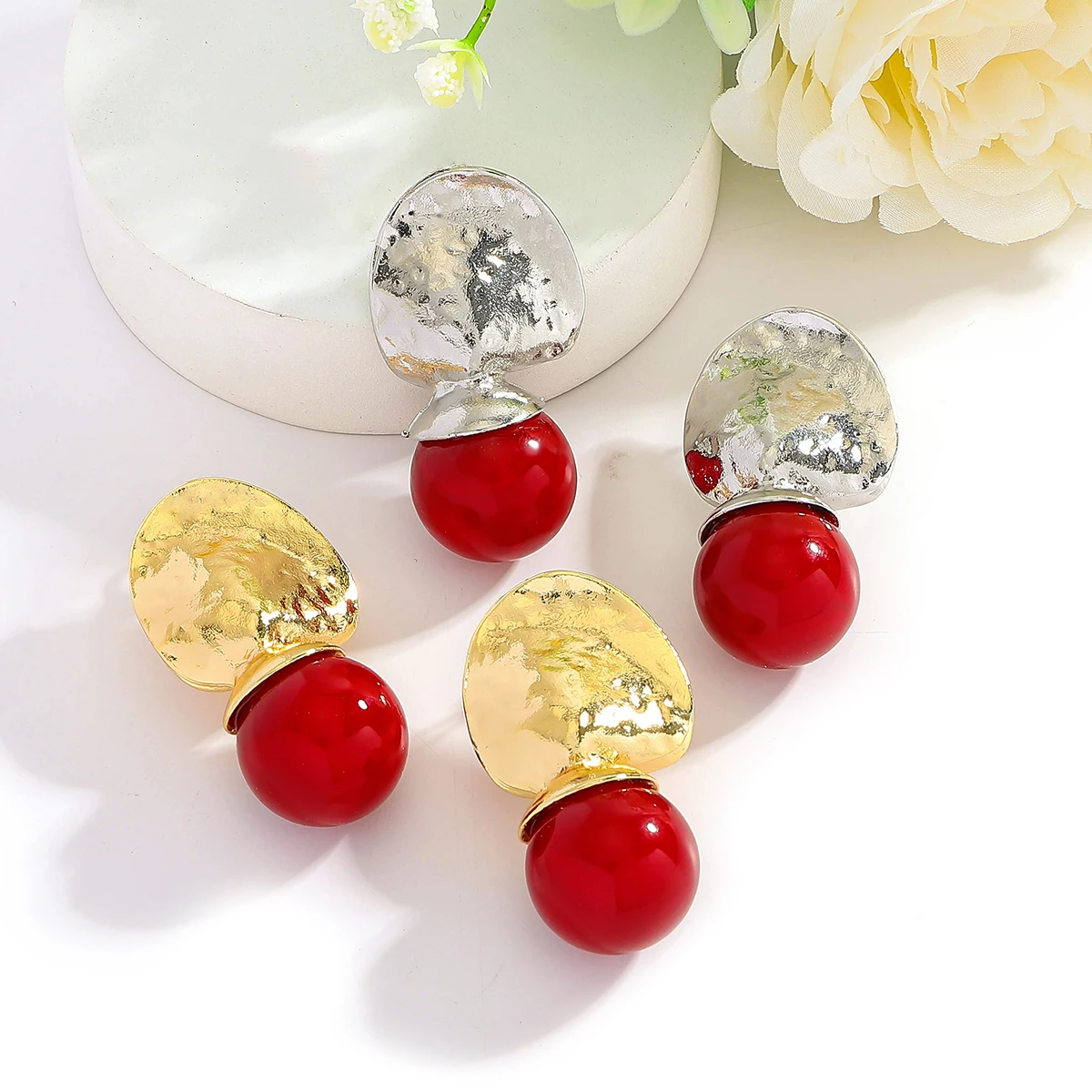 

ZAA Trendy Fashion Red Ball Earrings For Women Elegant Summer Holiday Charm Jewelry Simple Wedding Banquet Accessories
