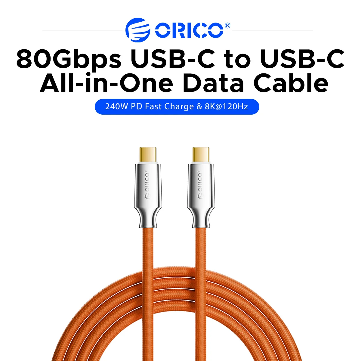 ORICO CC80 USB C to C Cable 80Gbps PD240W Fast Charging 8K@120Hz Video Output Braided E-Marker Chip Thunderbolt 5/4/3 USB4 Data