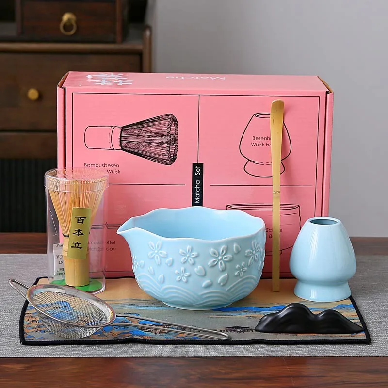 

7PCS Japanese Matcha Set: Floral Carved Ceramic Bowl & Spouted Whisk for Traditional Tea Preparation Easy Whisking