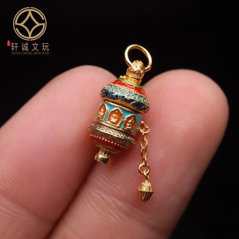 Tibetan Original 925 Silver Gold Plated Hand Painted Formless Buddha Rotatable Prayer Wheel Charms DIY Meditation Craft Jewelry