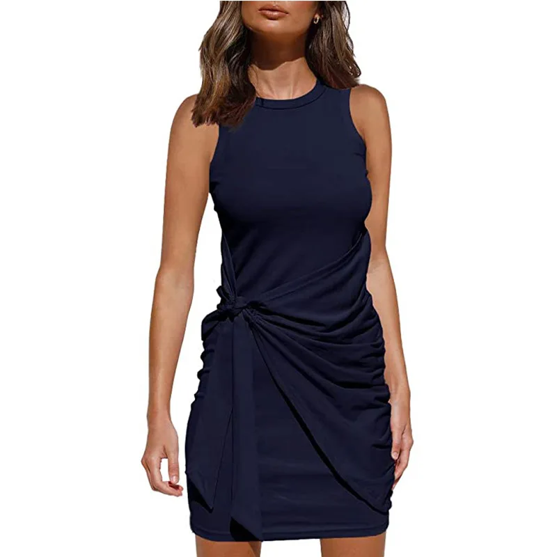 Damen Ärmelloses Rundhals-Maxikleid mit Schleifengürtel Plissiertes Unregelmäßiges Lässiges Elegantes Abendkleid Modisches Bestseller