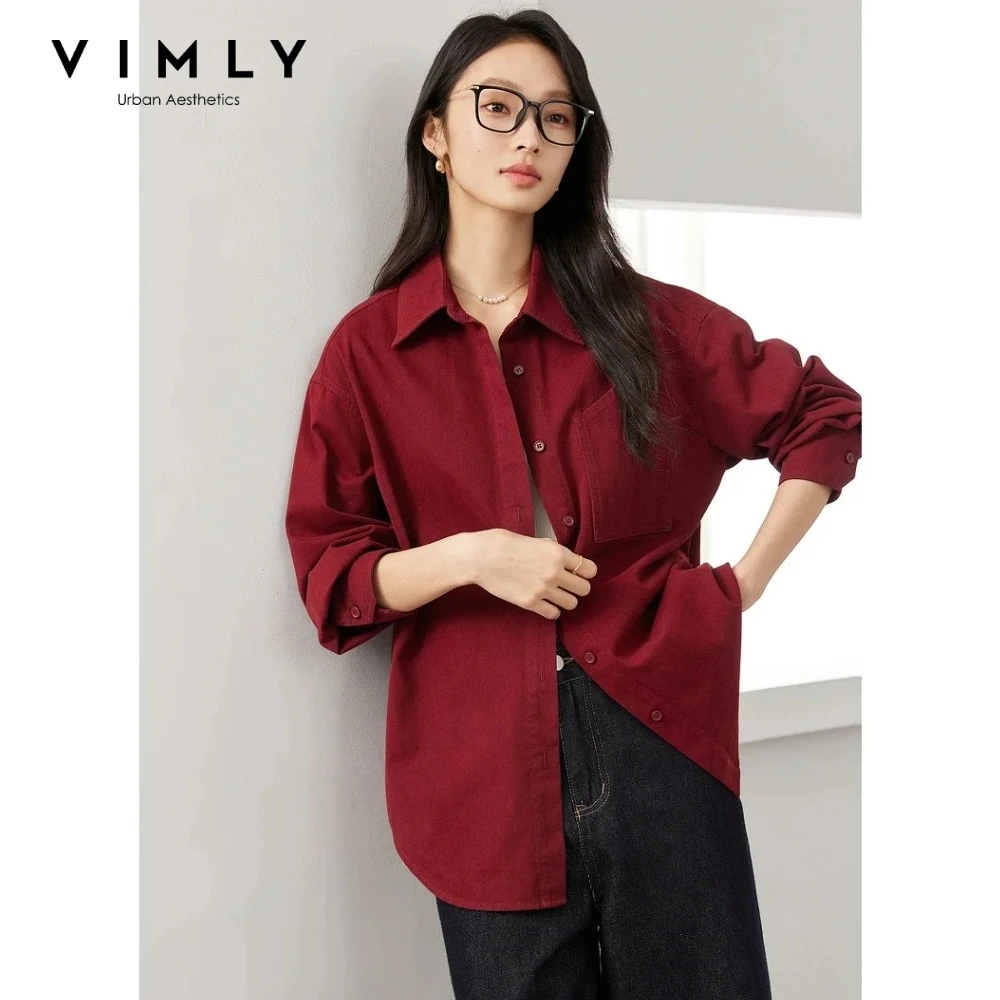 

VIMLY Elegant Women Red Shirt Long Sleeve Tops Pure Cotton Blouses for Woman Autumn 2026 New Polo Neck Casual Ladies Tops A0370