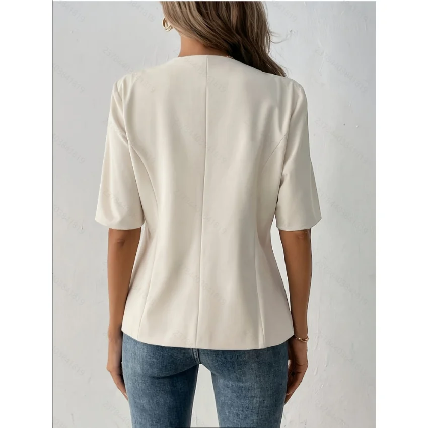 Elegant Solid Color Short Sleeve Blazer Collarless Design Matching Buttons Daily Work Outer Coat