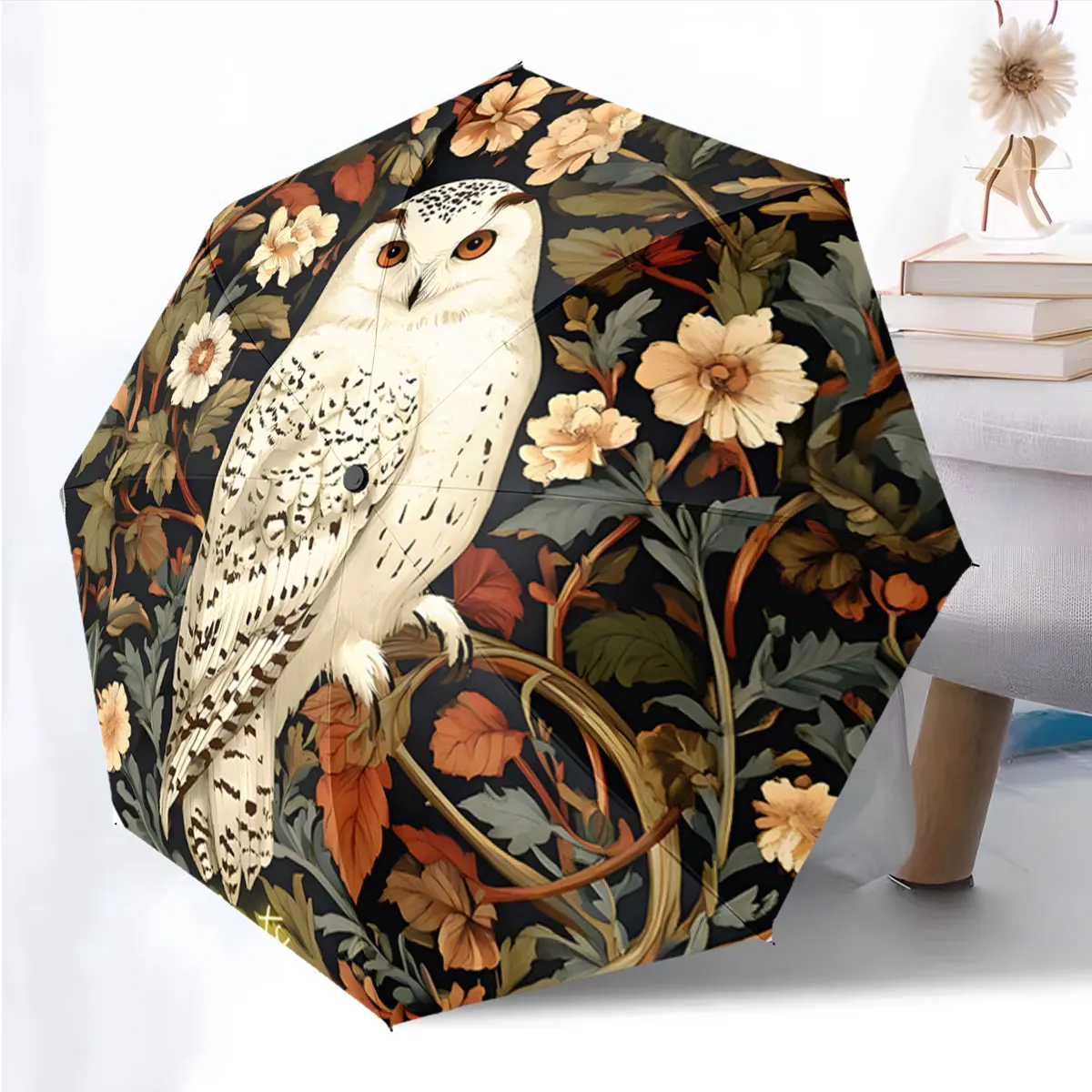 1PC Elegant Owl and Floral Umbrella Design Print 8 Iron Ribs Folding Umbrella Auto-Open Fashion Sunshade