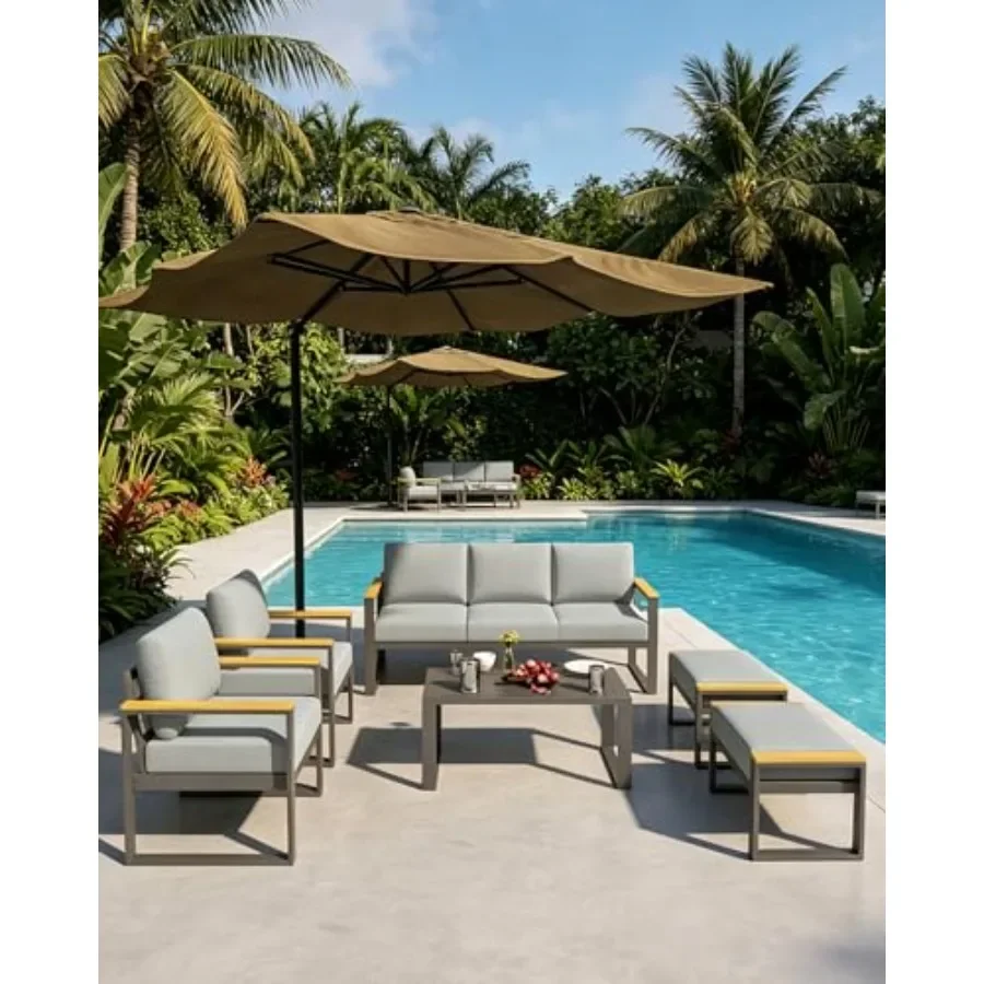 3-Seat Aluminum Sofa and Coffee Table Set for Balcony, Garden, Deck, Backyard: Gray, Washable Thick Cushions, Lightweight Durab