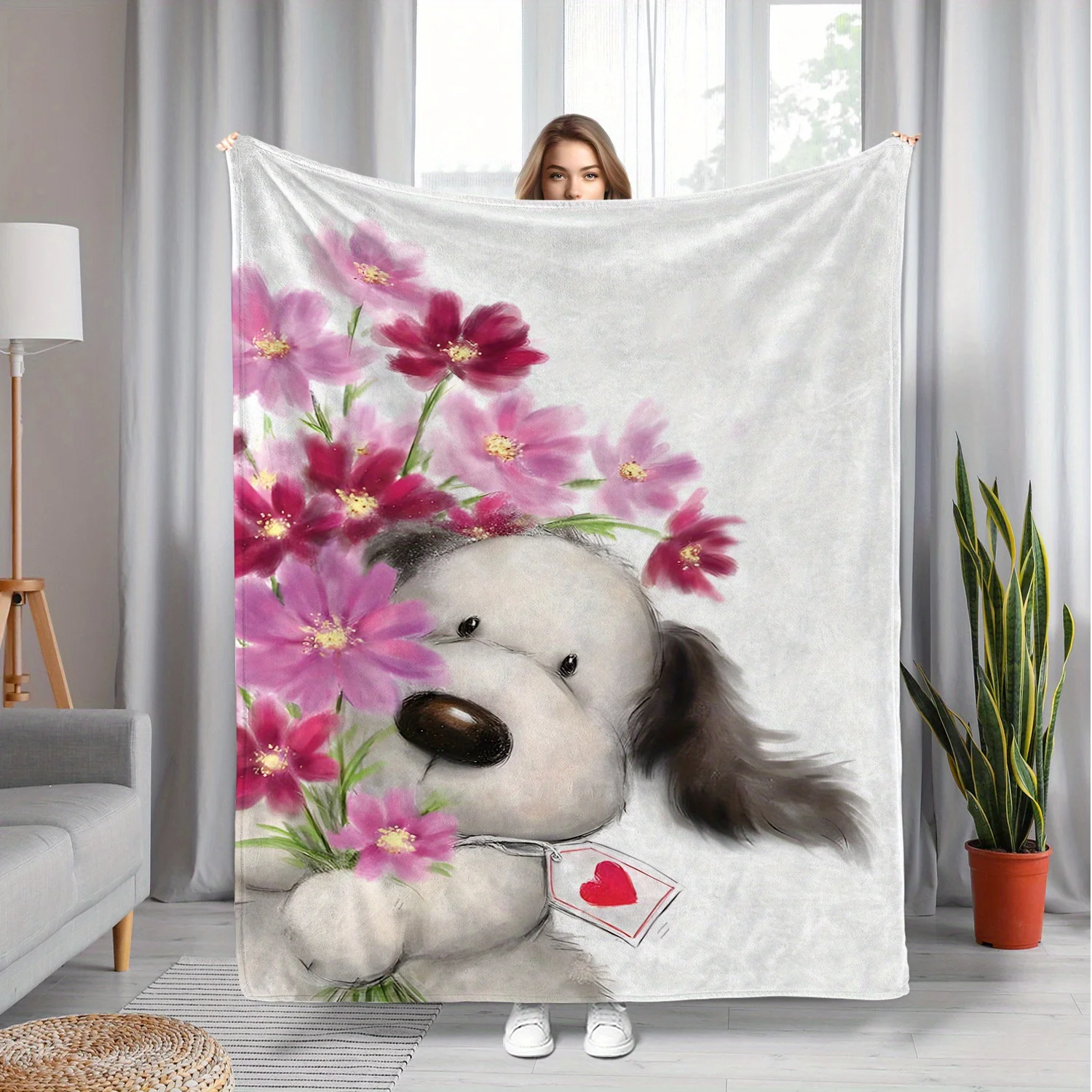 Interesting puppy flower pattern Flannel printed blanket suitable for all seasons suitable for living room office sofa travel