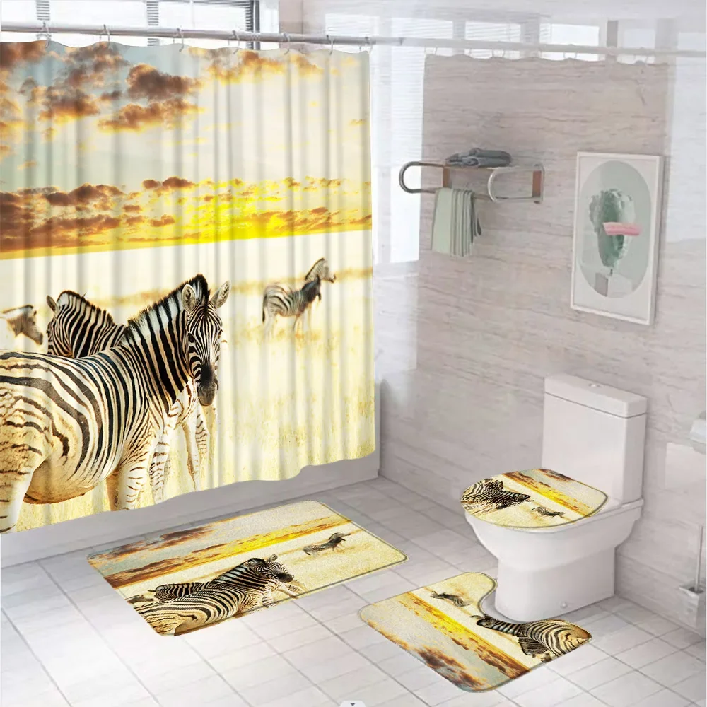 African Animal Safari Leopard Wildlife Fabric Shower Curtain 4Pcs Grassland Carpet Toilet Cover Bath Mat Sets Bathroom Curtains