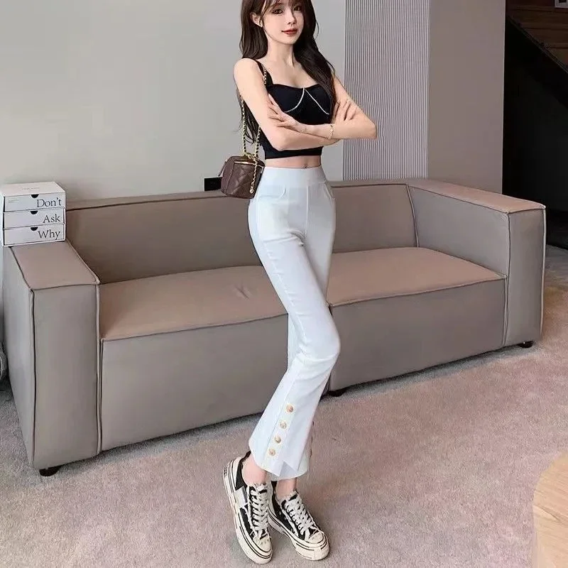 Office Lady Fashion Versatile White Slim Flare Pants Korean Autumn New Women High Waist Irregular Split Casual Elegant Trousers