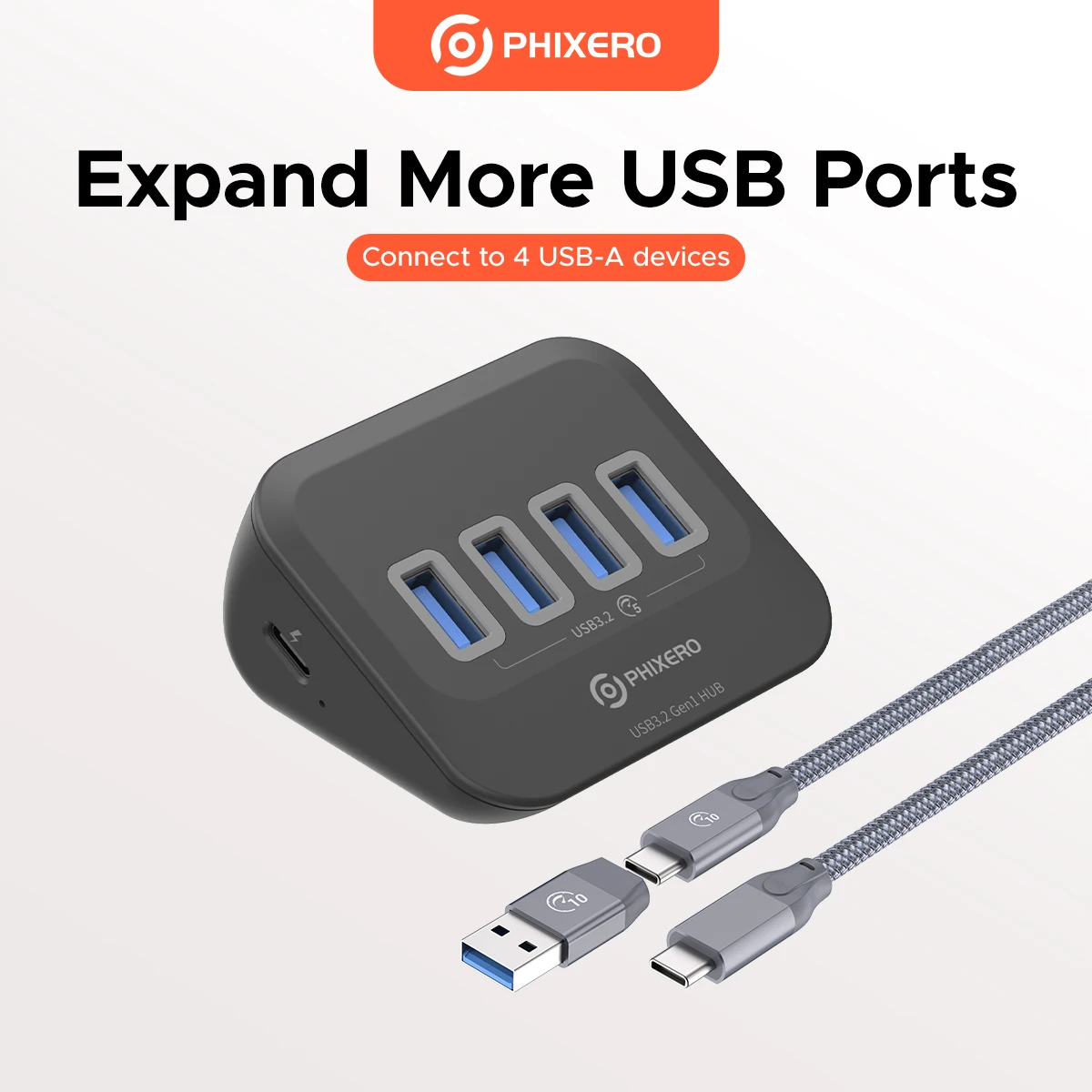 

PHIXERO USB 3.2 Hub 4 Port USB Hub Powered 5V/2A USB 3.2 Gen1 5Gbps Data Hub for Laptops Surface Pro Portable Hard Drives