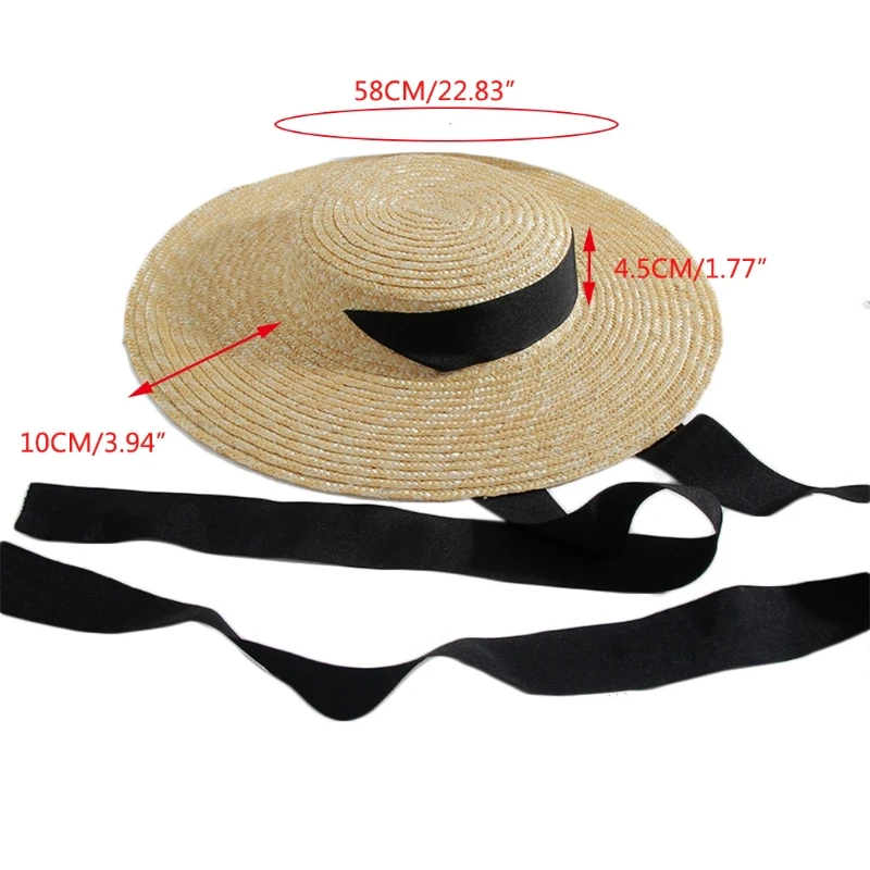 Womens Summer Large Wide Brim Flat Top Straw for Sun Hat Vintage Long Ribbon Chin Strap Travel Sunscreen Floppy Drop Shipping