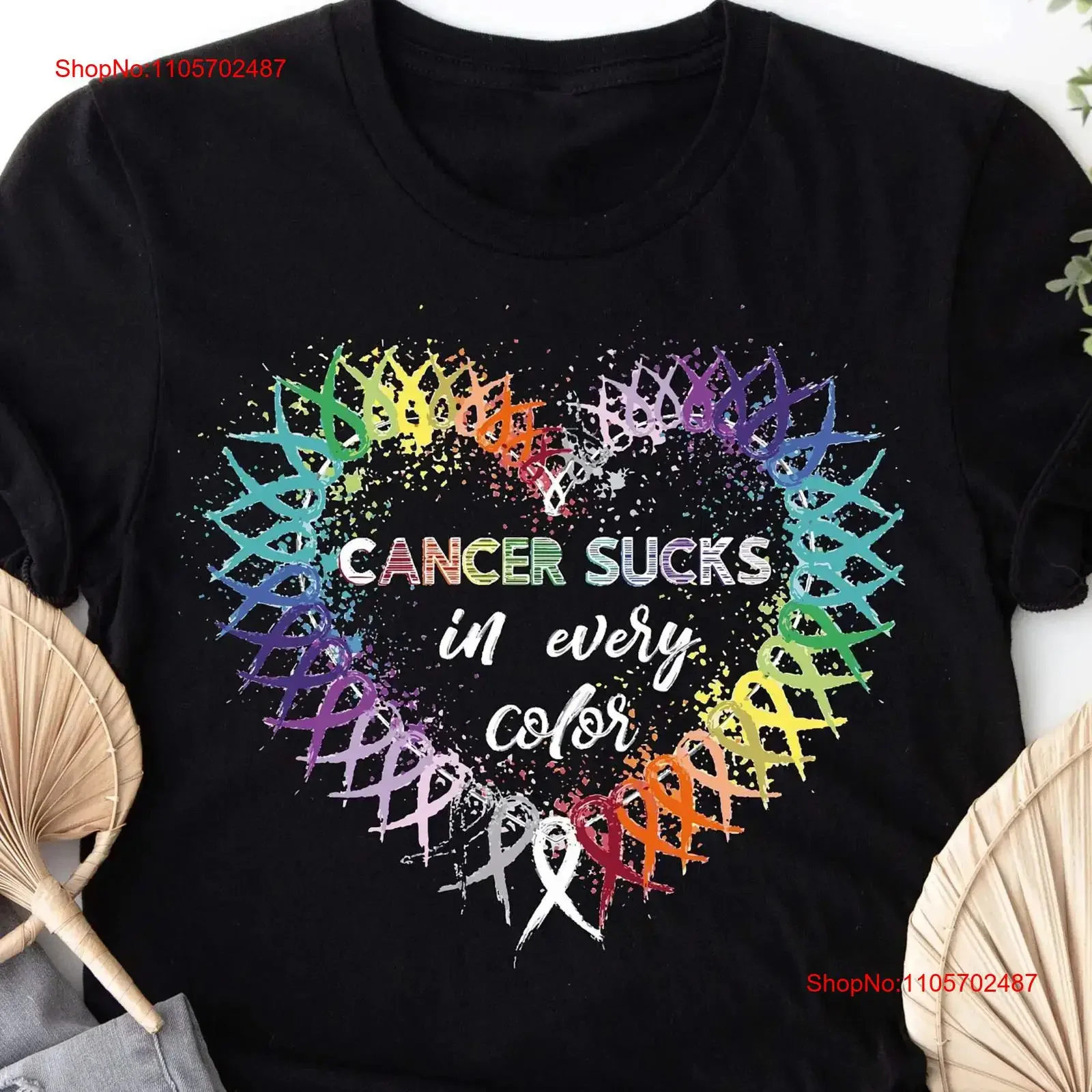 Cancer Sucks In Every Color T Shirt Multicolored Ribbon Fight All Colors Awareness Colorful vintage Washed Stylish