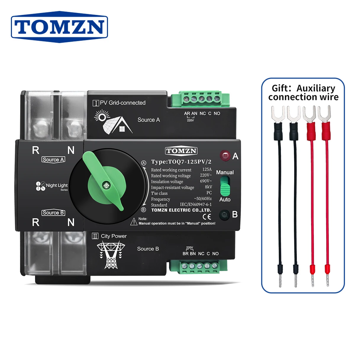 TOMZN AC 220V 230V DIN Rail ATS Dual Power Automatic Transfer Electrical Selector Switch Uninterrupted 2P 63A 100A 125A TOQ7 PV