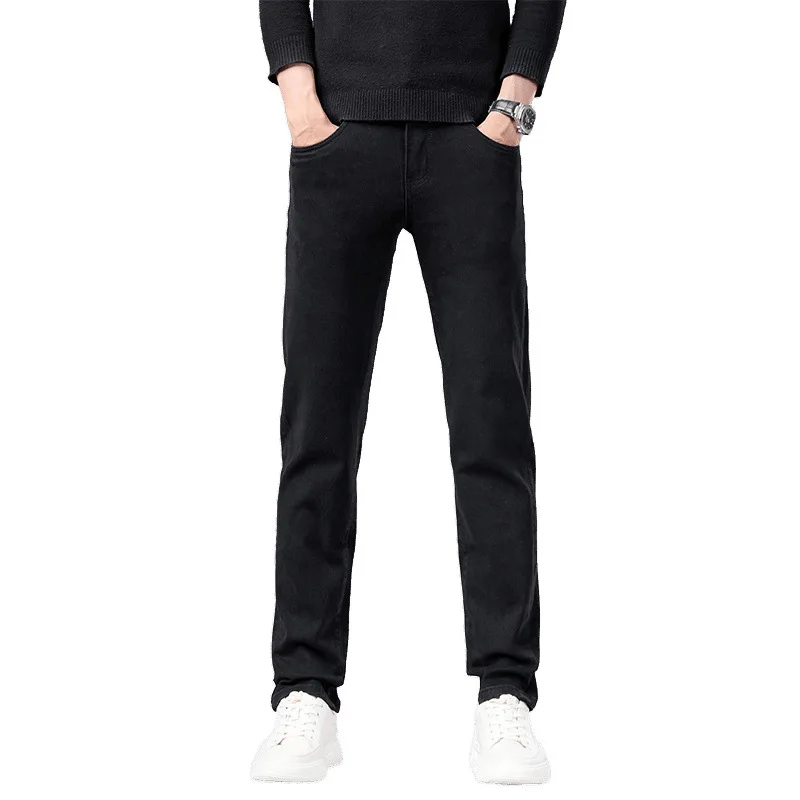 High end outono novos jeans masculinos 2025 na moda magro ajuste tubo reto elástico versátil casual preto calças compridas