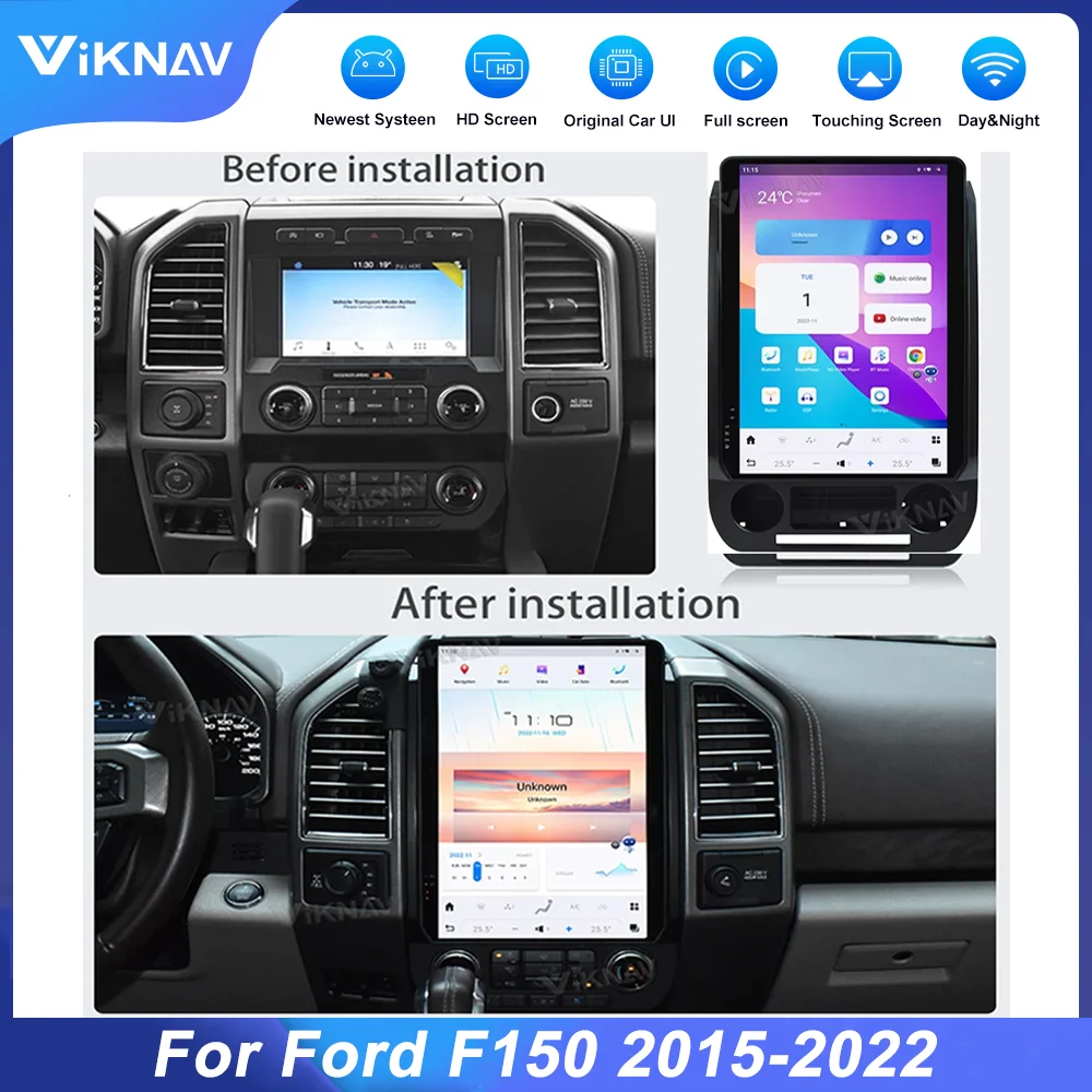 

Автомобильная магнитола VIKNAV 14,4 дюймов для Ford F150 2015-2022 Android 13 Qualcomm Авто Sereo мультимедийный плеер GPS навигация Сенсорный экран
