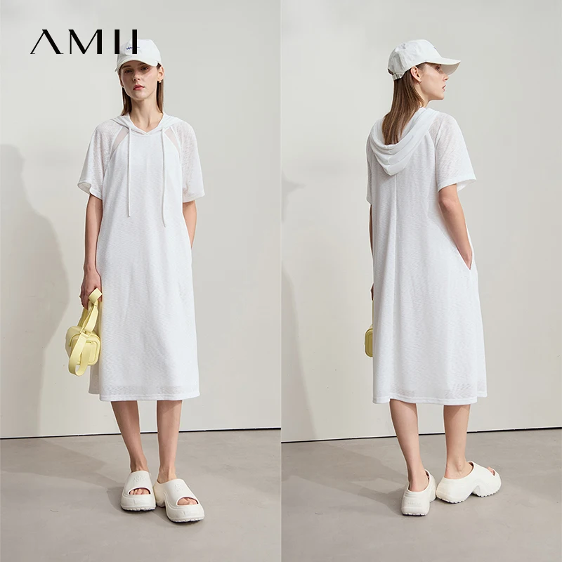 Amii Minimalismus Kleider Frauen 2025, Sommer, neue Bürodame, einfarbig, Mesh-Kapuze, lässig, locker, leicht, bequem, Strickkleider 12542194