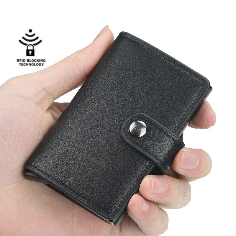 

New RFID Blocking Men's Credit Card Holder Vintage Leather Bank Card Wallet Double Metal Automatic Card Holder for Women