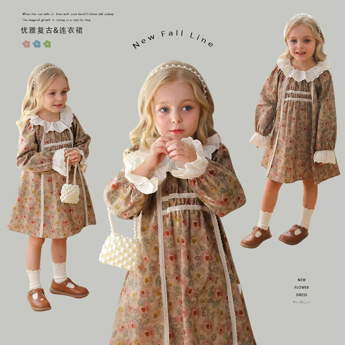 2025 Spring & Autumn Vintage French Lace Ruffled Collar Floral Dress for Girls - Long Sleeve Princess Dress