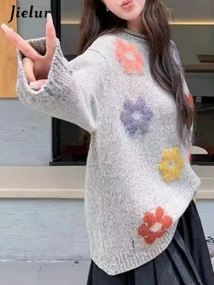 Jielur-女性の花の刺繍が施されたニットセーター,ラウンドネック,ルーズ,シンプル,カジュアル,スリム,ファッショナブル,対照的な色