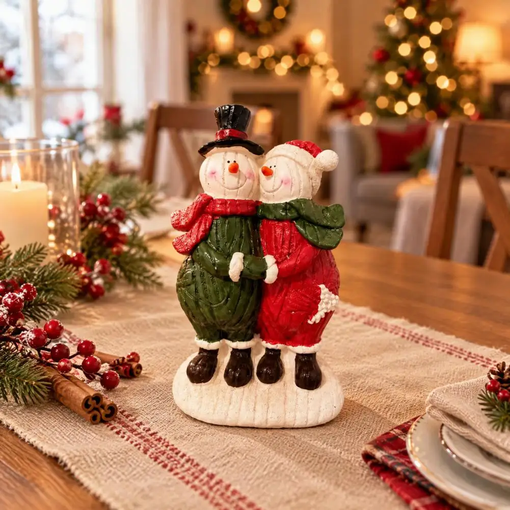 Snowman Couple Figurines Christmas Table Decorations Hugging Snowman Ornament Set Seasonal Resin Couple Figurines for Room