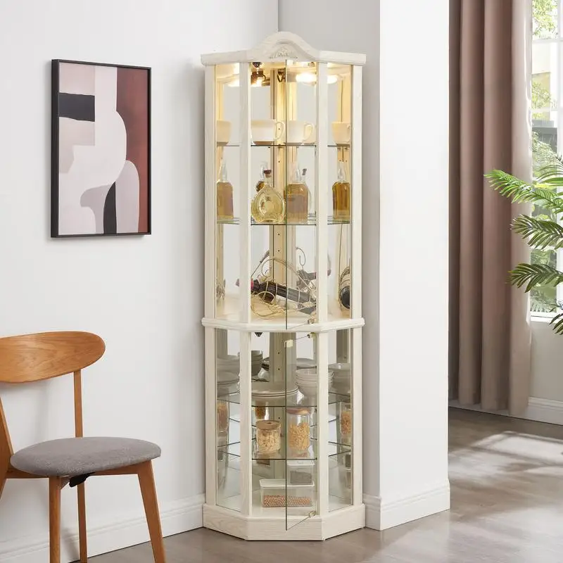 

Lighted Corner Display Cabinet, Glass Curio Cabinet with Adjustable Shelves and Light, White Wine Bar Cabinet, Carved Design